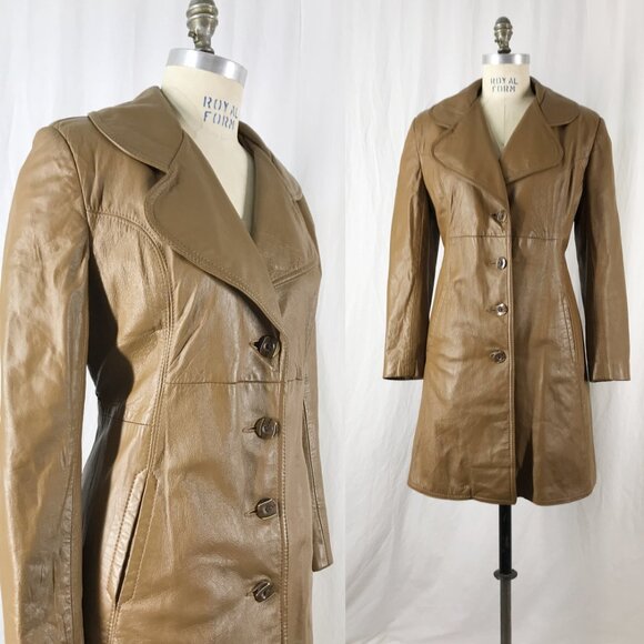 Vintage 70s Leather Jacket Brown Knee length Big Lapel - Picture 2 of 9